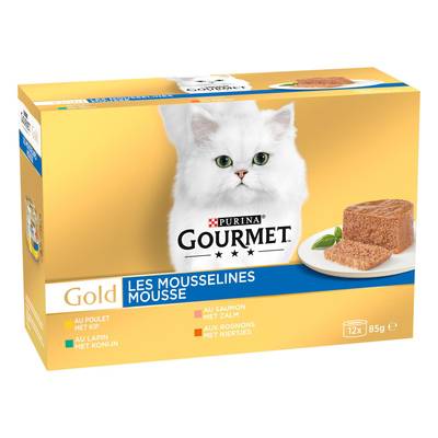 Purina - Gourmet Gold Boites Mousseline Poulet, Saumon, Rognons, Lapin pour chat, 12x85g