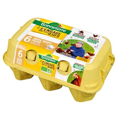 Bonneterre Oeufs bio frais calibre gros, 6 oeufs