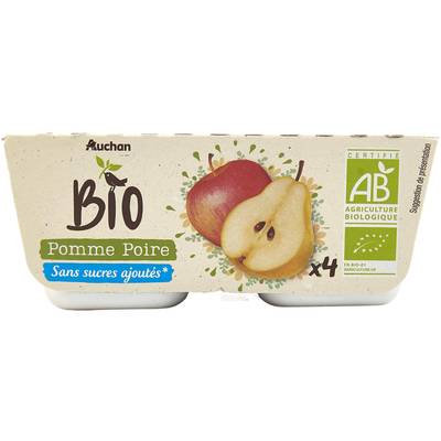 Auchan BIO Pomme poire bio sans sucres ajoutés, 4x95g