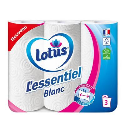Lotus Essuie-tout L'essentiel Blanc, 3 Rouleaux