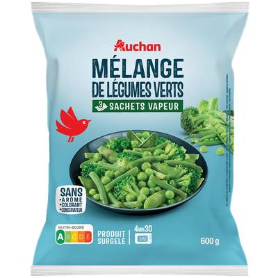 Auchan Mélange de légumes verts vapeur en sachet individuel, 3x200g