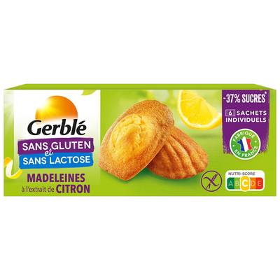 Gerblé Sans Gluten Sans Lactose 6 Madeleines Citron sans gluten et sans lactose -37% de sucres en moins, 180g