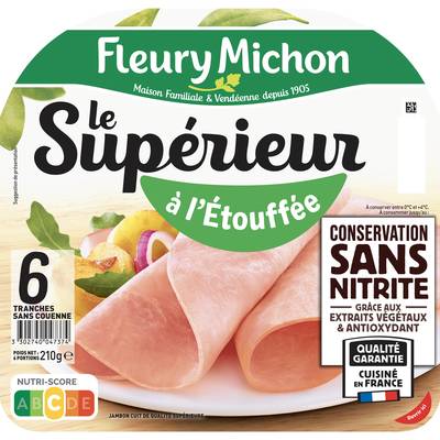 Fleury Michon Jambon Supérieur Cuit à l'Etouffée, Conservation Sans Nitrites, 6 tranches - 210g