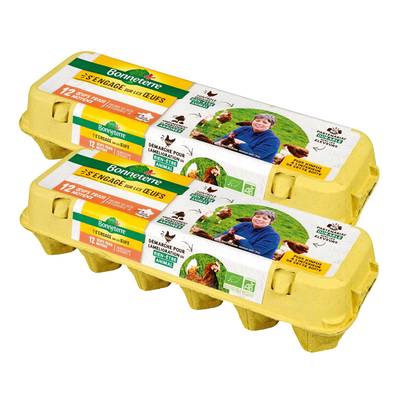 Bonneterre Oeufs bio frais calibre moyen, Lot de 2x12 oeufs