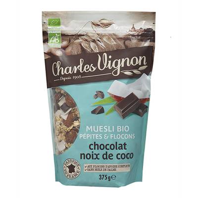 Charles Vignon Muesli Pépites et Flocons - Chocolat et Noix de coco bio, 375g