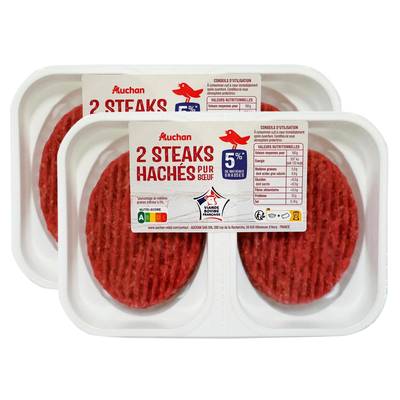 Auchan Steaks Hachés Pur Boeuf 5%MG, Lot de 2x200g