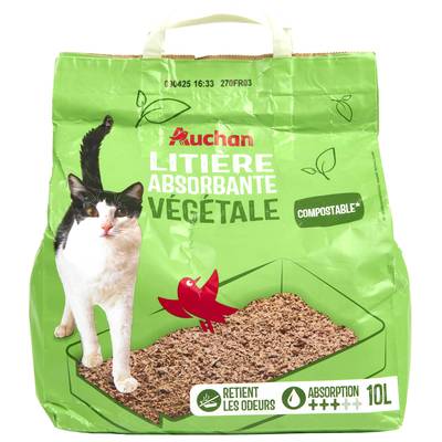 Auchan Litière végétale absorbante stop odeur compostable pour chat et rongeur, 10L