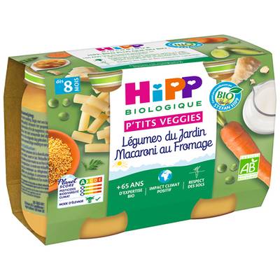 Hipp - P'tits Veggies Légumes du Jardin Macaroni au Fromage Pots Bébé Dès 8 mois, 2x190g