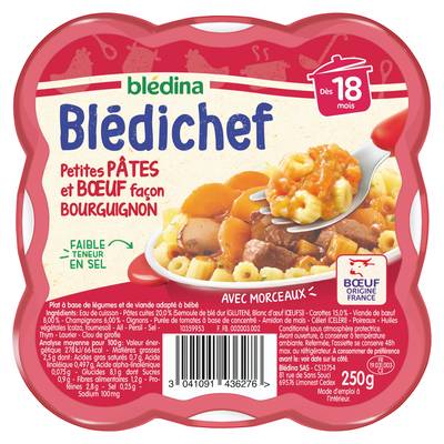 Blédina - Blédi'chef Petites Pâtes et Boeuf Façon Bourguignon Assiette Bébéb Dès 18 mois, 250g