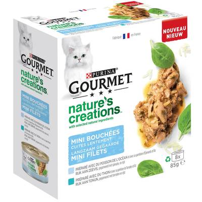 Purina - Gourmet Nature's Creation Boites Mini Bouchées Coffret de la Mer 2 Variétés pour chat, 8x85g
