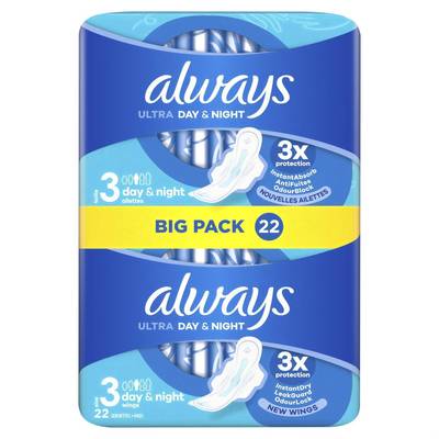 Always Serviette Hygiénique Avec Ailettes Ultra Day & Night, 22 serviettes