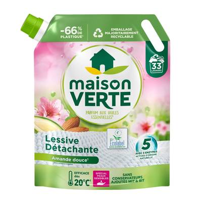 Maison Verte Lessive liquide Peaux sensibles Amande douce détachante, 1,485L
