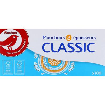 Auchan Boîte de mouchoirs classic 2 épaisseurs, 100 mouchoirs