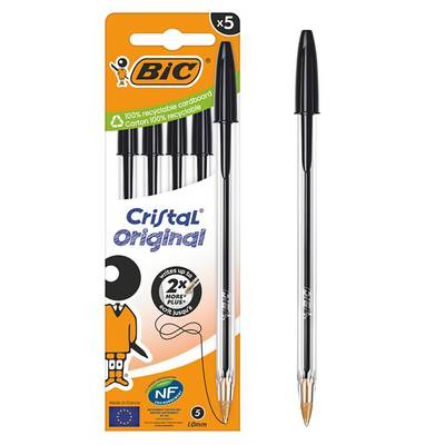 Bic Stylos bille cristal noir pointe moyenne, 5 stylos