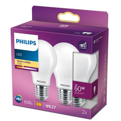 Philips 2 Ampoules E27- 7W LED Classique Dépolie Blanc Chaud, E27  60W