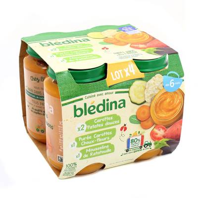 Blédina Carottes et patates douces, Carottes et choux-fleurs, et mousseline de ratatouille Pot Bébé Dès 6 mois, 4x200g