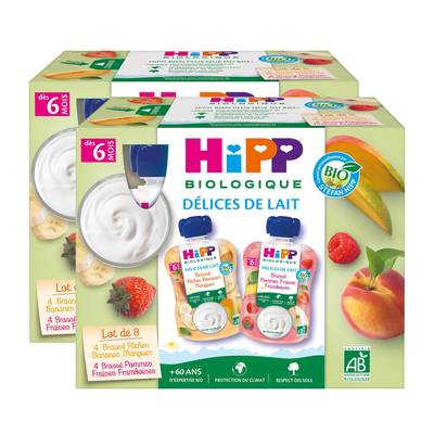Hipp - Délices de Lait 2 Variétés Brassés- Pêche Banane Mangue et Pomme Fraise Framboise Bio Gourde Bébé Dès 6 mois, Lot de 2x8x90g