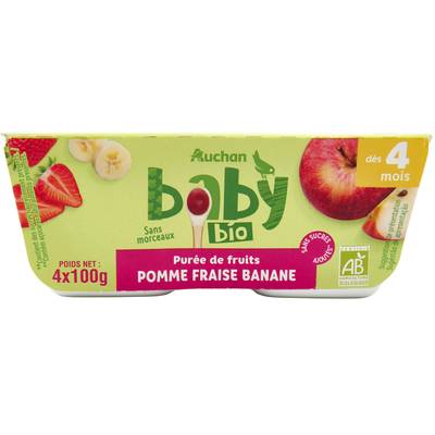 Auchan Baby Bio Dessert Pomme Fraise Banane Bio Coupelles Bébé bio dès 4 mois, 4x100g