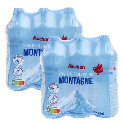 Auchan Eau de source montagne, Lot de 2 packs de 6x75cl