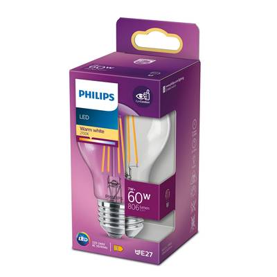 Philips Ampoule E27- 7W LED Classique Transparente Blanc Chaud, E27  60W