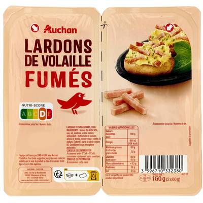 Auchan Lardons de Volaille Fumés, 2x80g
