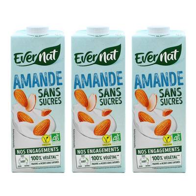 Evernat Douceur amande sans sucre bio, Lot de 3x1L