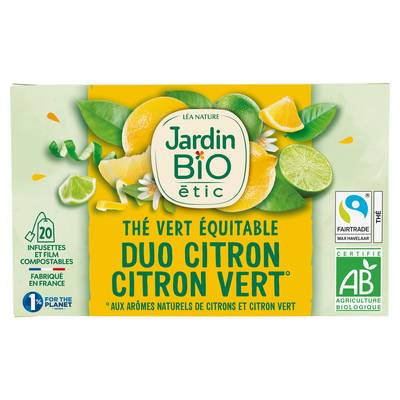 Jardin Bio Etic Thé Vert Duo Citron et Citron Vert Bio - 20 sachets, 30g