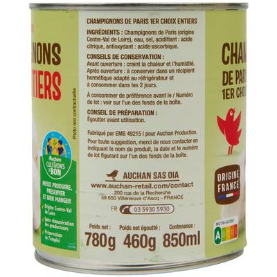3596710390281 - Auchan - Champignons de Paris entiers 1er choix
