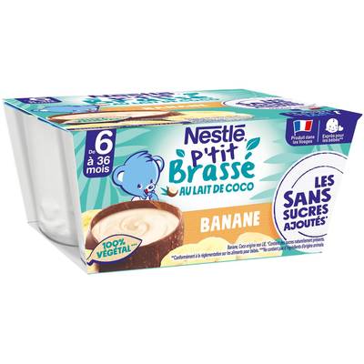 Nestlé - P'tit Brassé Dessert Végétal Lait de Coco Banane Sans Sucres Ajoutés Coupelle Bébé Dès 6 mois, 4x90g
