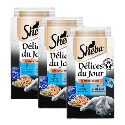 Sheba - Délices du Jour Sachets en Sauce Cabillaud et Thon MSC pour chat, Lot de 3x6x50g