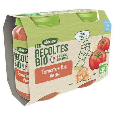 Blédina - Les Récoltes Bio Tomates Riz Veau Bio Pot Bébé Dès 6 mois, 2x200g