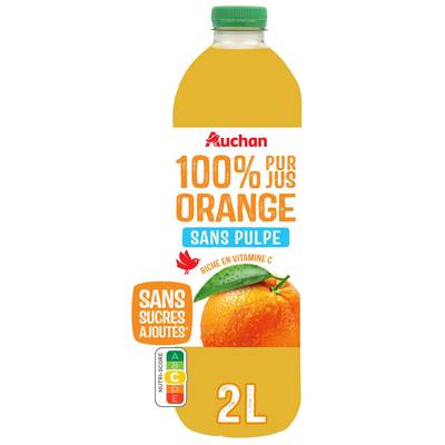 Auchan Pur jus d'orange sans pulpe et sans sucres ajoutés, 2L