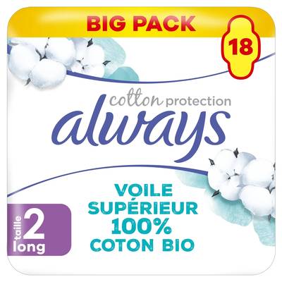 Always Serviettes Hygiéniques avec Ailettes Taille 2 100% Coton Cotton Protection, 18 serviettes hygiéniques