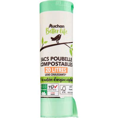 Auchan Better Life Sacs poubelle compostables liens coulissants 20l, 15 sacs compostables