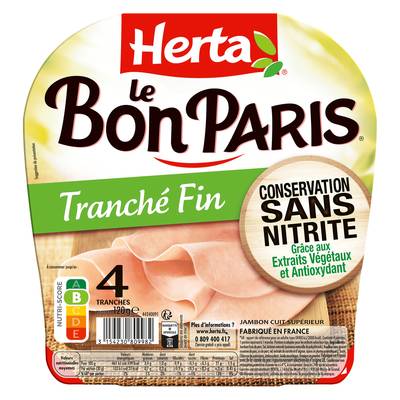 Herta Jambon Le Bon Paris Tranches Fines, Conservation Sans Nitrite 120g, 4 tranches - 120g