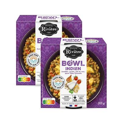 Maison Rivière Bowl Indien - Lentilles, Poulet, Lait de coco, épices Tikka Massala, Lot de 2x300g