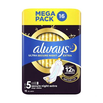 Always Serviettes Secure Night Extra (T5) Avec Ailettes, 16 serviettes