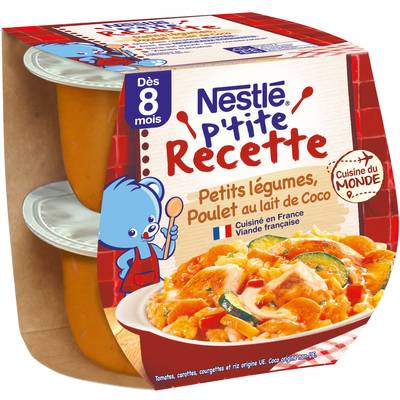 Nestlé - P'tite Recette Petits Légumes Poulet au Lait de Coco Bol Bébé Dès 8 mois, 2x200g