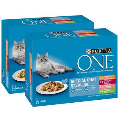 Purina - One Sachets en sauce Effilés Bœuf, Poulet, Saumon et Dinde pour chat stérilisé, Lot de 2x8x85g