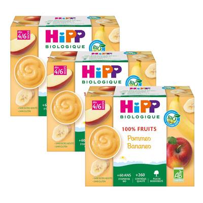 Hipp - 100% Fruits Pommes Bananes Bio Coupelle Bébé Dès 4/6 mois, Lot de 3x4x100g