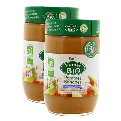 Planet Bio Purée de pomme bananes bio sans sucres ajoutés, 2x630g
