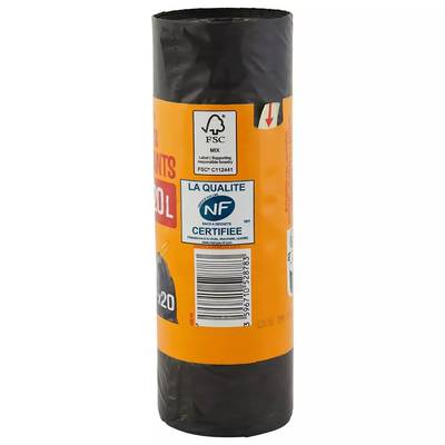 Auchan Sacs poubelle avec liens coulissants 20L, 20 sacs poubelles