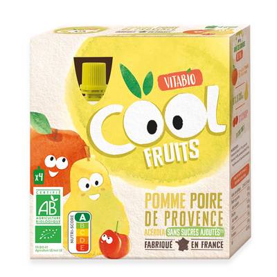 Vitabio - Cool Fruits Pomme et Poire de Provence, Acérola Bio - Purée de Fruits en gourde, 4x90g