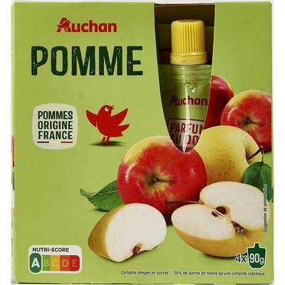 Auchan Gourdes compote de pomme nature allégée en sucres sans conservateur, 4x90g