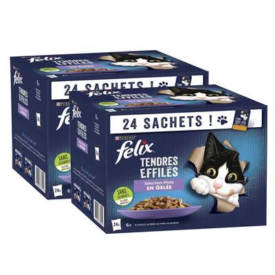Purina - Félix Sachets en Gelée Tendres Effilés Sélection Mixte 4 variétés pour chat, Lot de 2x24x85g