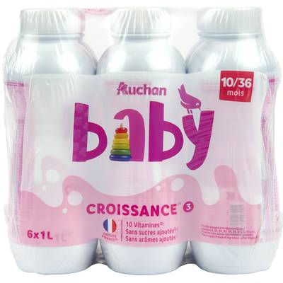 Auchan Baby Lait de croissance 3ème âge liquide Bébé de 10 à 36 mois, 6x1L