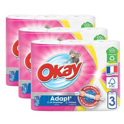 Okay Essuie-tout Adapt blanc avec motif, Lot de 3x3 rouleaux