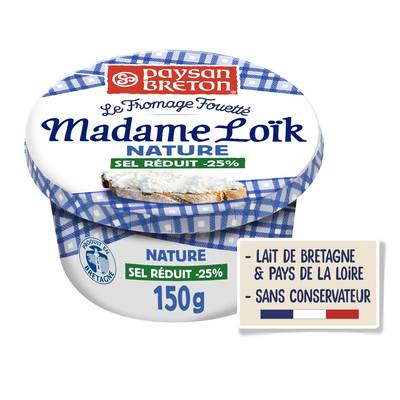 Paysan Breton Fromage fouetté Madame Loik nature au sel de Guérande sel réduit de 25%, 150g