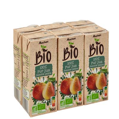 Auchan BIO Pur jus de pomme poire bio, 6x20cl