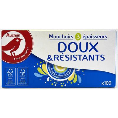 Auchan Boîte de mouchoirs doux et résistants 3 épaisseurs, 100 mouchoirs